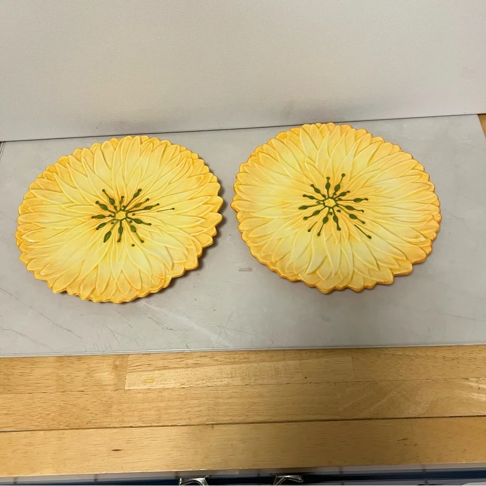 Pier 1 Imports Yellow Floral Three Dimensional Decorative Ceramic Flower Plates